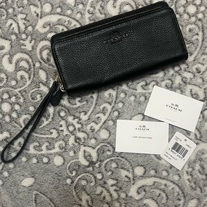 Coach Black Pebbled Leather Long Zip Wallet